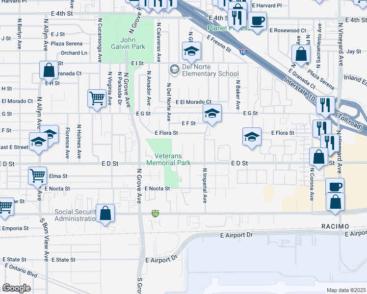 map of restaurants, bars, coffee shops, grocery stores, and more near 502 North Glenn Avenue in Ontario