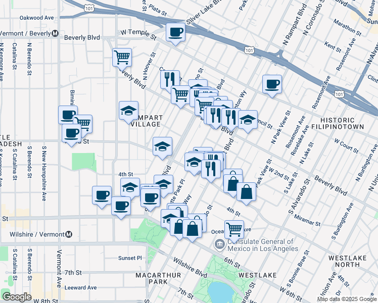 map of restaurants, bars, coffee shops, grocery stores, and more near 249 South La Fayette Park Place in Los Angeles