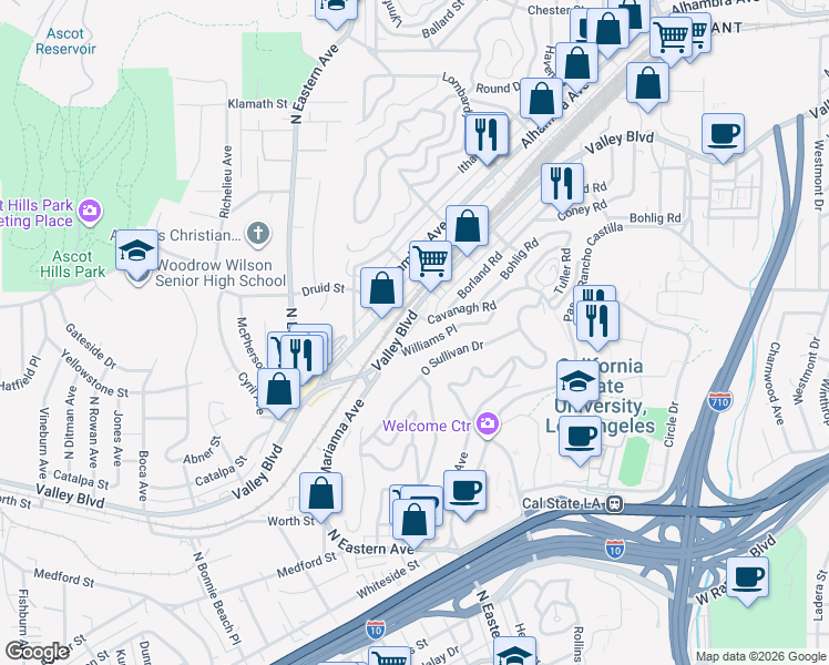 map of restaurants, bars, coffee shops, grocery stores, and more near 2128 North Marianna Avenue in Los Angeles