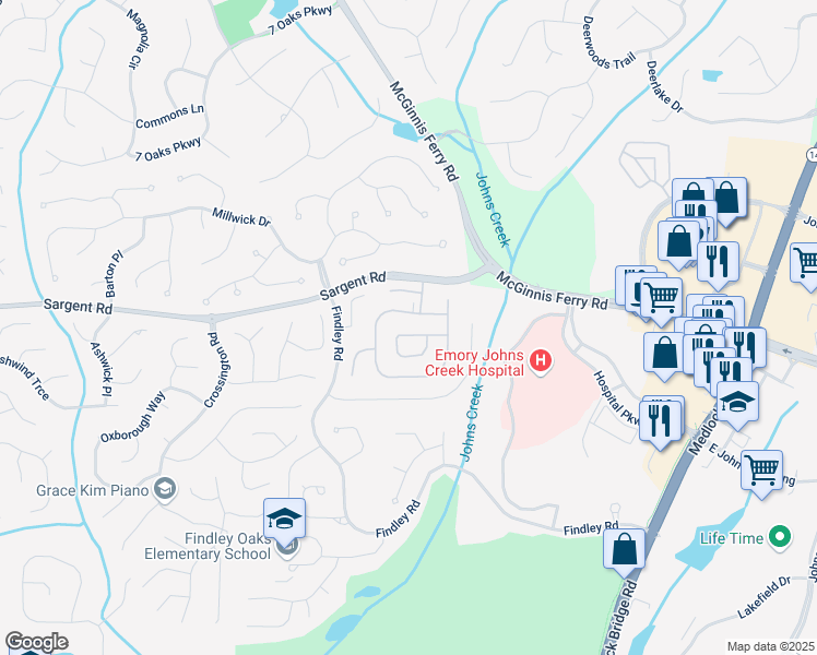 map of restaurants, bars, coffee shops, grocery stores, and more near 565 Barsham Way in Duluth