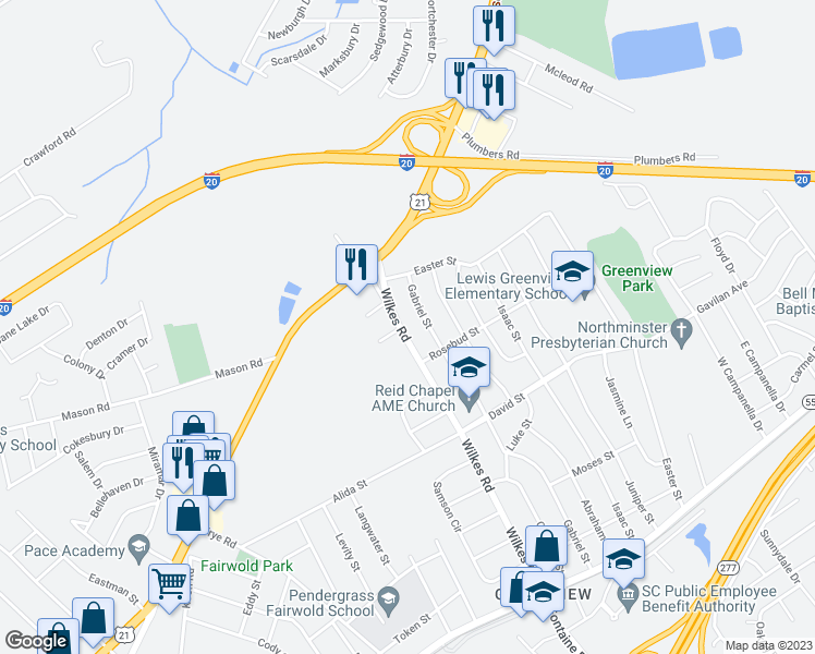 map of restaurants, bars, coffee shops, grocery stores, and more near 823 Wilkes Road in Columbia