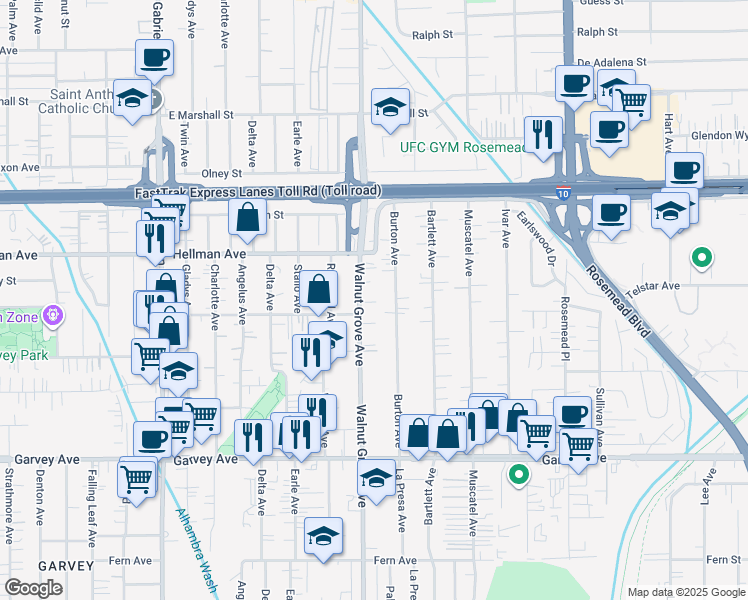 map of restaurants, bars, coffee shops, grocery stores, and more near 3312 Walnut Grove Avenue in Rosemead