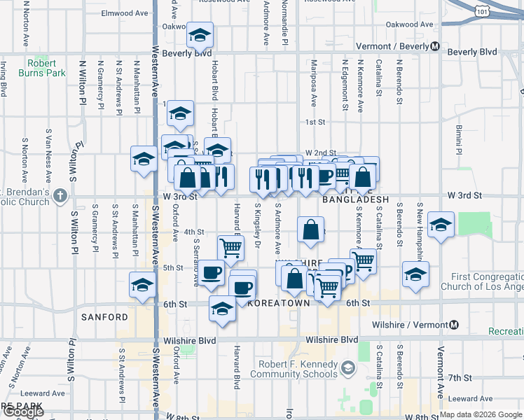 map of restaurants, bars, coffee shops, grocery stores, and more near 320 South Kingsley Drive in Los Angeles