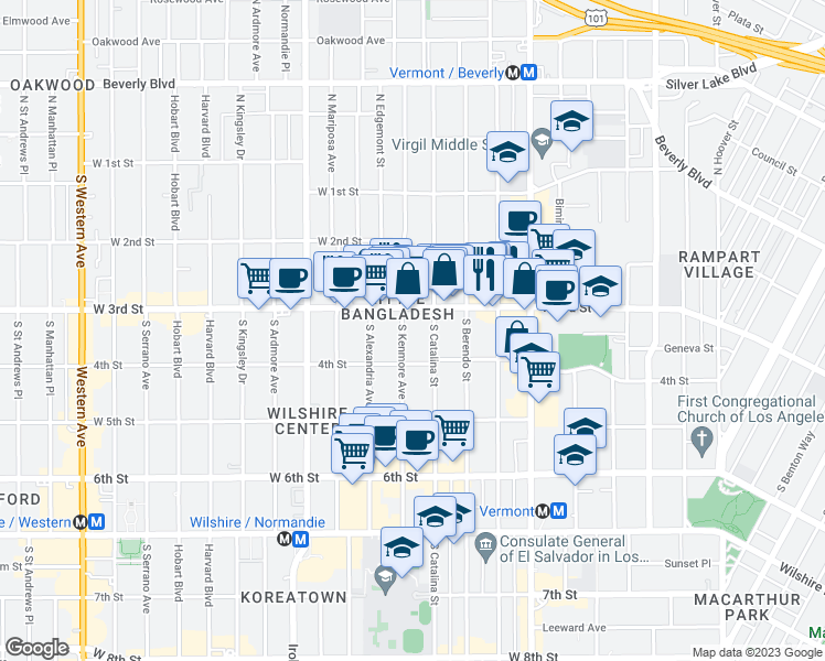 map of restaurants, bars, coffee shops, grocery stores, and more near 324 South Kenmore Avenue in Los Angeles