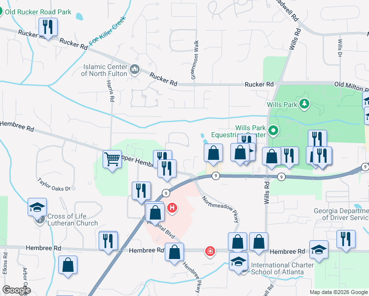 map of restaurants, bars, coffee shops, grocery stores, and more near 1386 Bellsmith Drive in Roswell