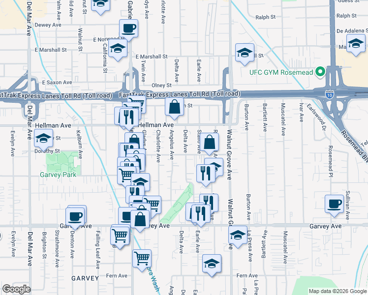 map of restaurants, bars, coffee shops, grocery stores, and more near 3319 Delta Avenue in Rosemead