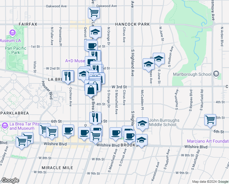 map of restaurants, bars, coffee shops, grocery stores, and more near 319 South Mansfield Avenue in Los Angeles