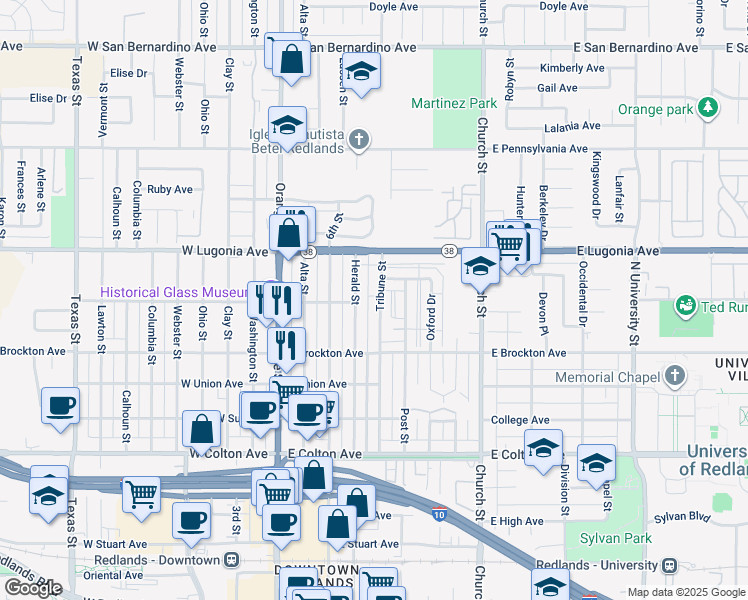 map of restaurants, bars, coffee shops, grocery stores, and more near 1155 Tribune Street in Redlands