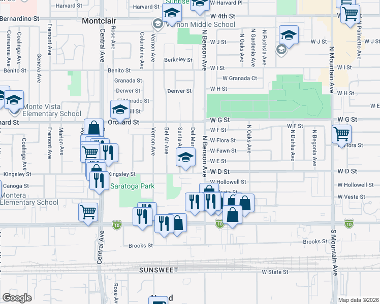 map of restaurants, bars, coffee shops, grocery stores, and more near 10251 Santa Anita Avenue in Montclair