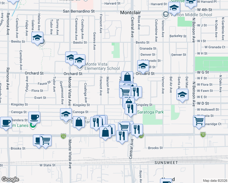 map of restaurants, bars, coffee shops, grocery stores, and more near 10230 Poulsen Avenue in Montclair
