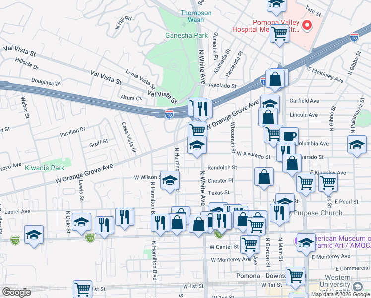 map of restaurants, bars, coffee shops, grocery stores, and more near 555 West Alvarado Street in Pomona