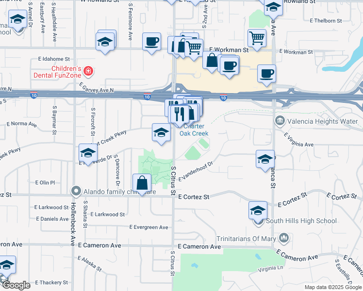 map of restaurants, bars, coffee shops, grocery stores, and more near 320 South Citrus Street in West Covina