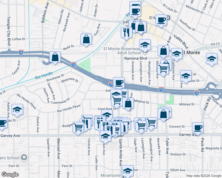 map of restaurants, bars, coffee shops, grocery stores, and more near 10434 Asher Street in El Monte