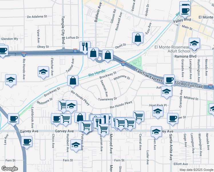 map of restaurants, bars, coffee shops, grocery stores, and more near 3347 Friendswood Avenue in El Monte
