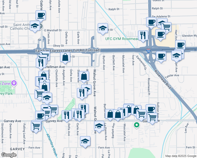 map of restaurants, bars, coffee shops, grocery stores, and more near 3312 Walnut Grove Avenue in Rosemead