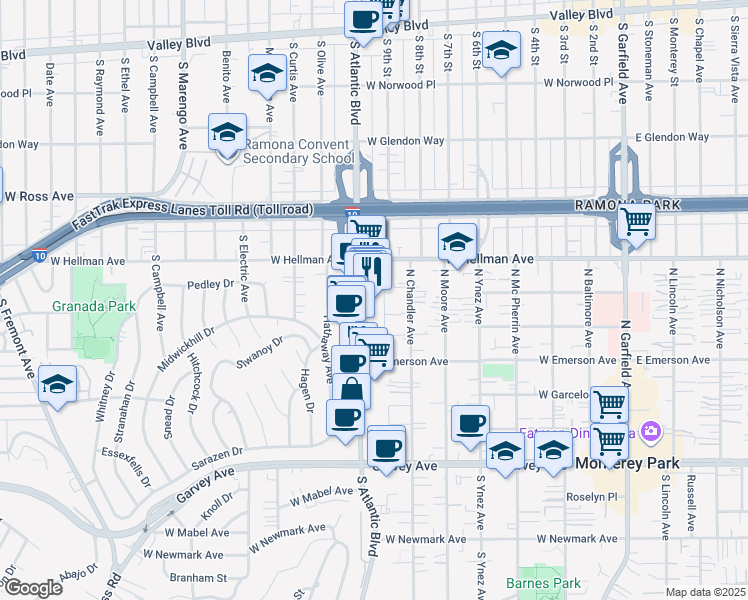 map of restaurants, bars, coffee shops, grocery stores, and more near 500 North Atlantic Boulevard in Monterey Park