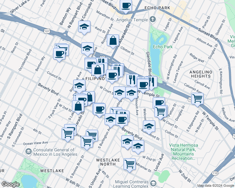 map of restaurants, bars, coffee shops, grocery stores, and more near 1818 West Court Street in Los Angeles