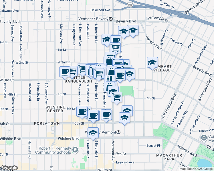 map of restaurants, bars, coffee shops, grocery stores, and more near 330 South New Hampshire Avenue in Los Angeles