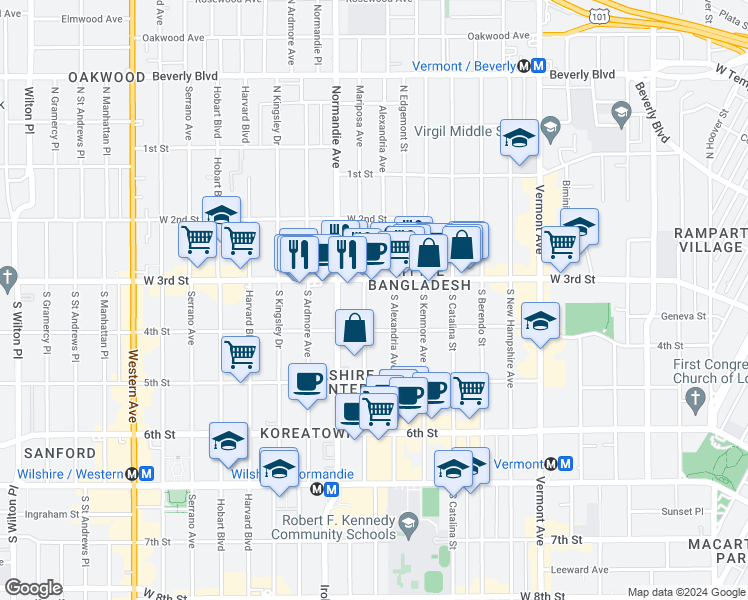map of restaurants, bars, coffee shops, grocery stores, and more near 330 South Mariposa Avenue in Los Angeles