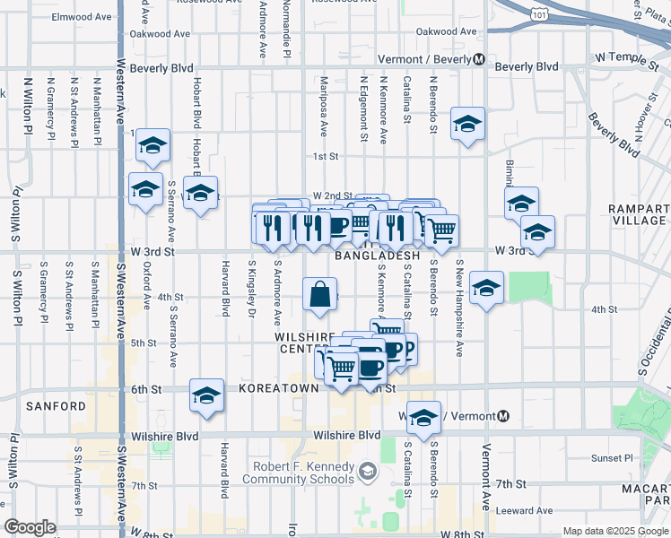 map of restaurants, bars, coffee shops, grocery stores, and more near 330 South Mariposa Avenue in Los Angeles