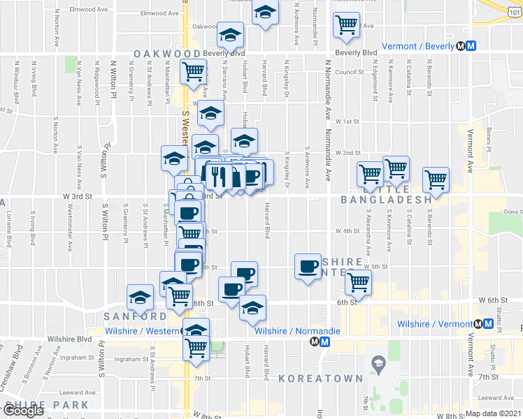 map of restaurants, bars, coffee shops, grocery stores, and more near 334 South Hobart Boulevard in Los Angeles