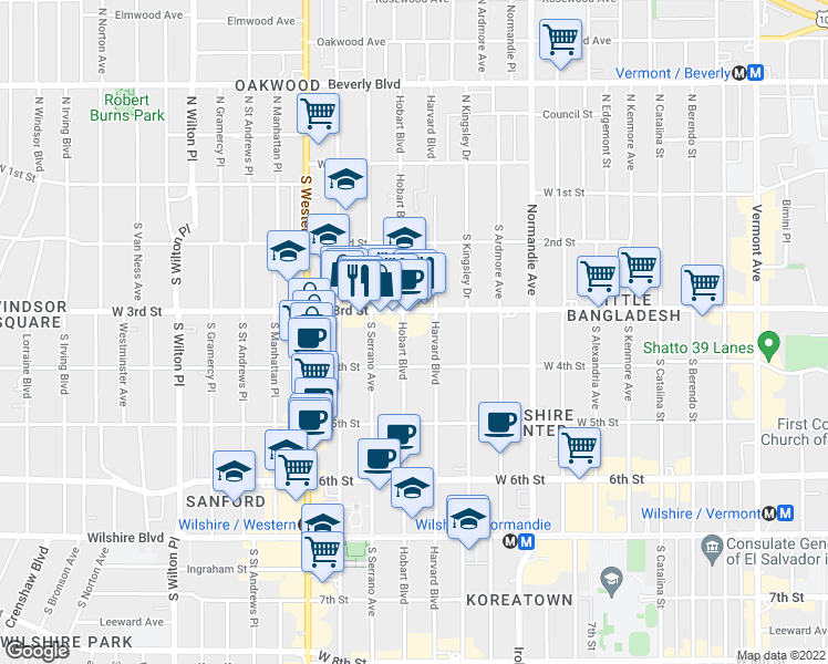map of restaurants, bars, coffee shops, grocery stores, and more near 334 South Hobart Boulevard in Los Angeles