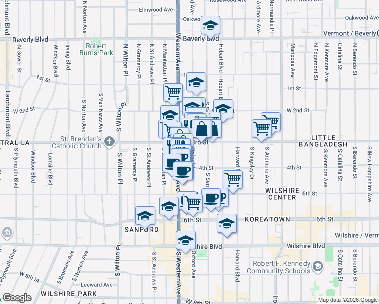 map of restaurants, bars, coffee shops, grocery stores, and more near 333 South Oxford Avenue in Los Angeles