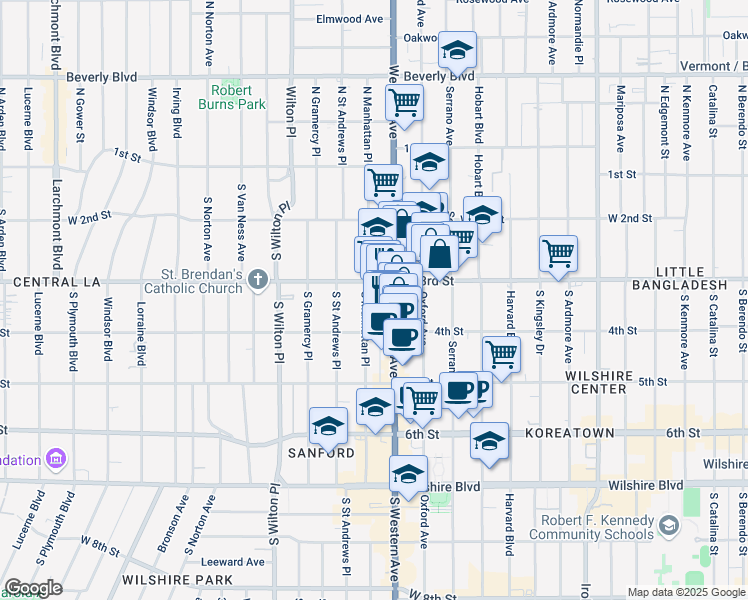 map of restaurants, bars, coffee shops, grocery stores, and more near 333 South Western Avenue in Los Angeles