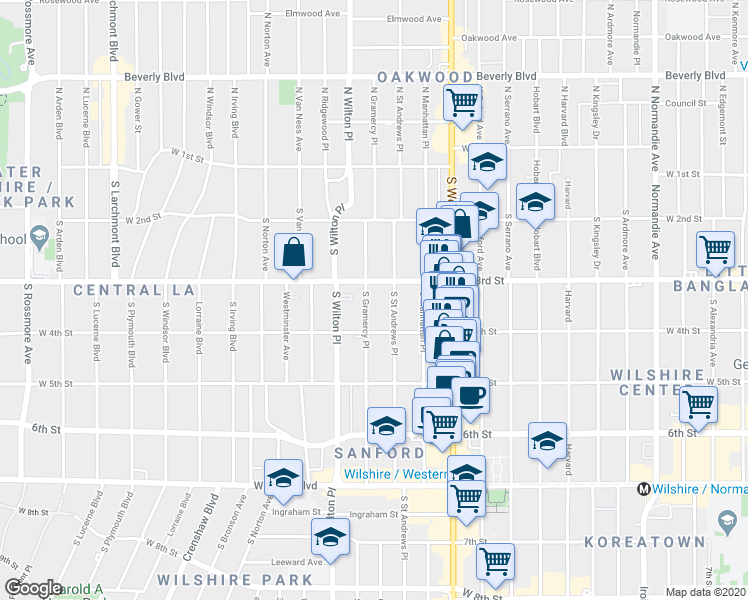 map of restaurants, bars, coffee shops, grocery stores, and more near 326 South Gramercy Place in Los Angeles