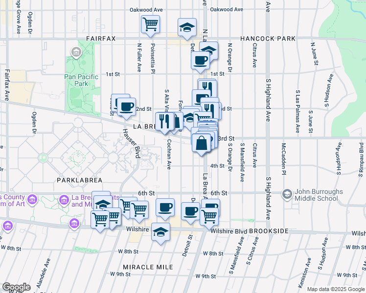 map of restaurants, bars, coffee shops, grocery stores, and more near 325 South Detroit Street in Los Angeles