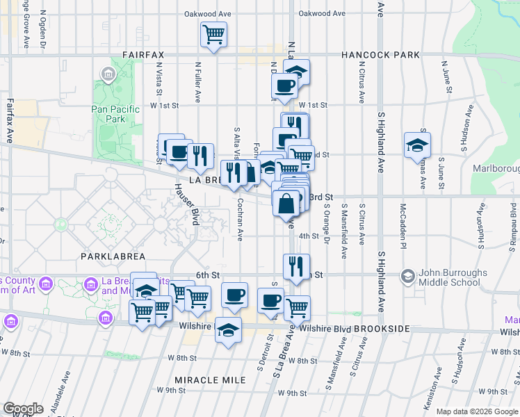 map of restaurants, bars, coffee shops, grocery stores, and more near 325 South Detroit Street in Los Angeles