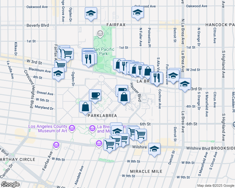 map of restaurants, bars, coffee shops, grocery stores, and more near 383 South Burnside Avenue in Los Angeles