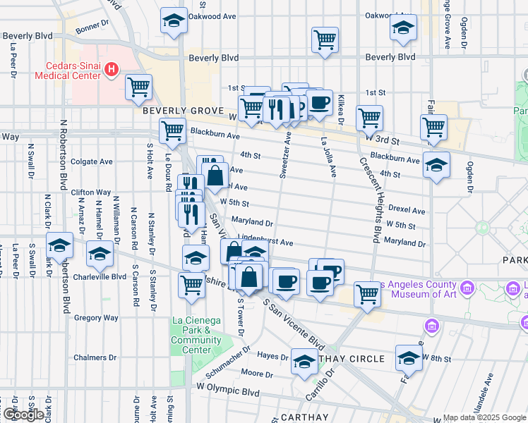 map of restaurants, bars, coffee shops, grocery stores, and more near 6601 Maryland Drive in West Hollywood