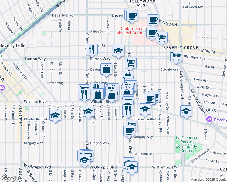 map of restaurants, bars, coffee shops, grocery stores, and more near 133 North Swall Drive in Beverly Hills