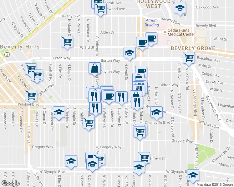 map of restaurants, bars, coffee shops, grocery stores, and more near 126 North Almont Drive in Beverly Hills