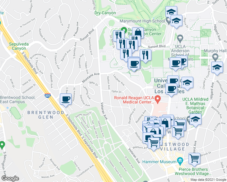 map of restaurants, bars, coffee shops, grocery stores, and more near 512 Kelton Avenue in Los Angeles
