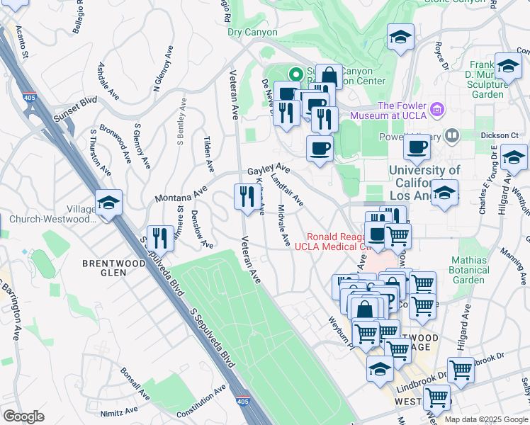 map of restaurants, bars, coffee shops, grocery stores, and more near 512 Kelton Avenue in Los Angeles
