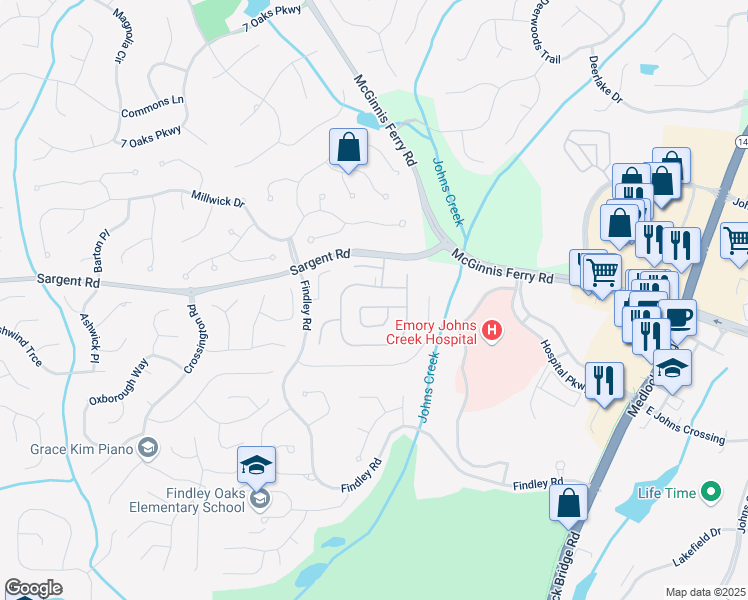 map of restaurants, bars, coffee shops, grocery stores, and more near 565 Barsham Way in Duluth