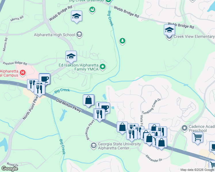 map of restaurants, bars, coffee shops, grocery stores, and more near 1185 Whitestone Ridge in Alpharetta