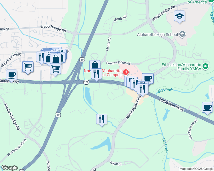 map of restaurants, bars, coffee shops, grocery stores, and more near 3327 Old Milton Parkway in Alpharetta
