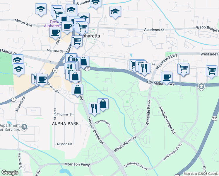 map of restaurants, bars, coffee shops, grocery stores, and more near 706 Nottaway Lane in Alpharetta