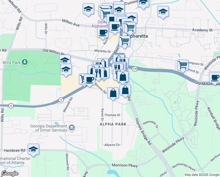 map of restaurants, bars, coffee shops, grocery stores, and more near 453 Burton Drive in Alpharetta