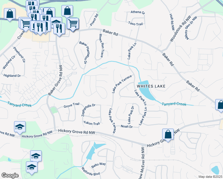 map of restaurants, bars, coffee shops, grocery stores, and more near 4831 Lake Park Terrace in Acworth