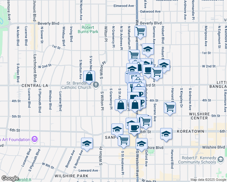 map of restaurants, bars, coffee shops, grocery stores, and more near 320 South Gramercy Place in Los Angeles
