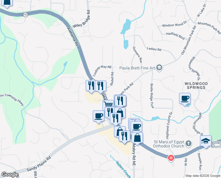 map of restaurants, bars, coffee shops, grocery stores, and more near 4860 Bedell Road in Roswell