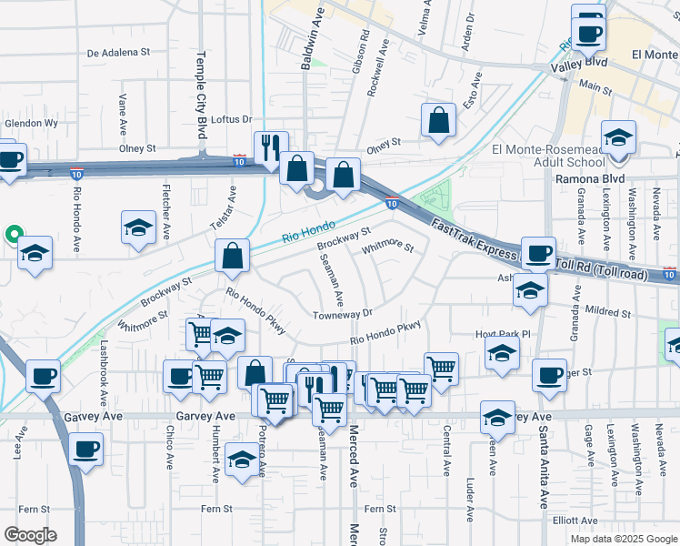 map of restaurants, bars, coffee shops, grocery stores, and more near 3347 Friendswood Avenue in El Monte