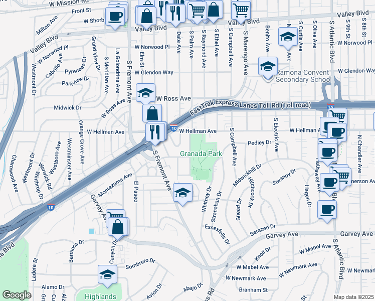 map of restaurants, bars, coffee shops, grocery stores, and more near 2117 Montezuma Avenue in Alhambra