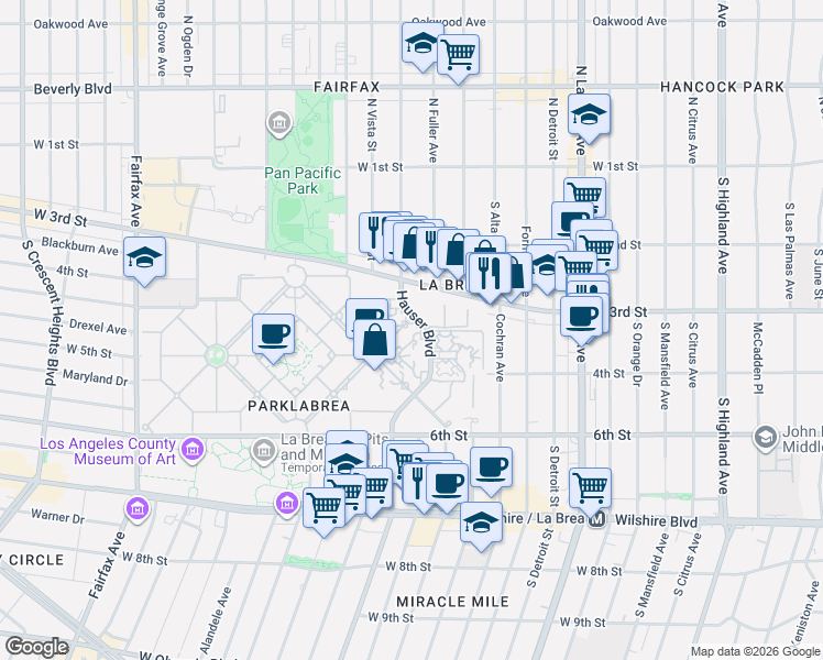 map of restaurants, bars, coffee shops, grocery stores, and more near 350 South Fuller Avenue in Los Angeles