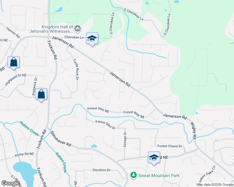 map of restaurants, bars, coffee shops, grocery stores, and more near 4825 Rushing Rock Way Northeast in Marietta