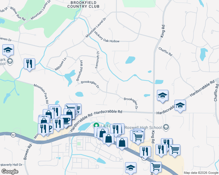 map of restaurants, bars, coffee shops, grocery stores, and more near 555 Terrace Oaks Drive in Roswell